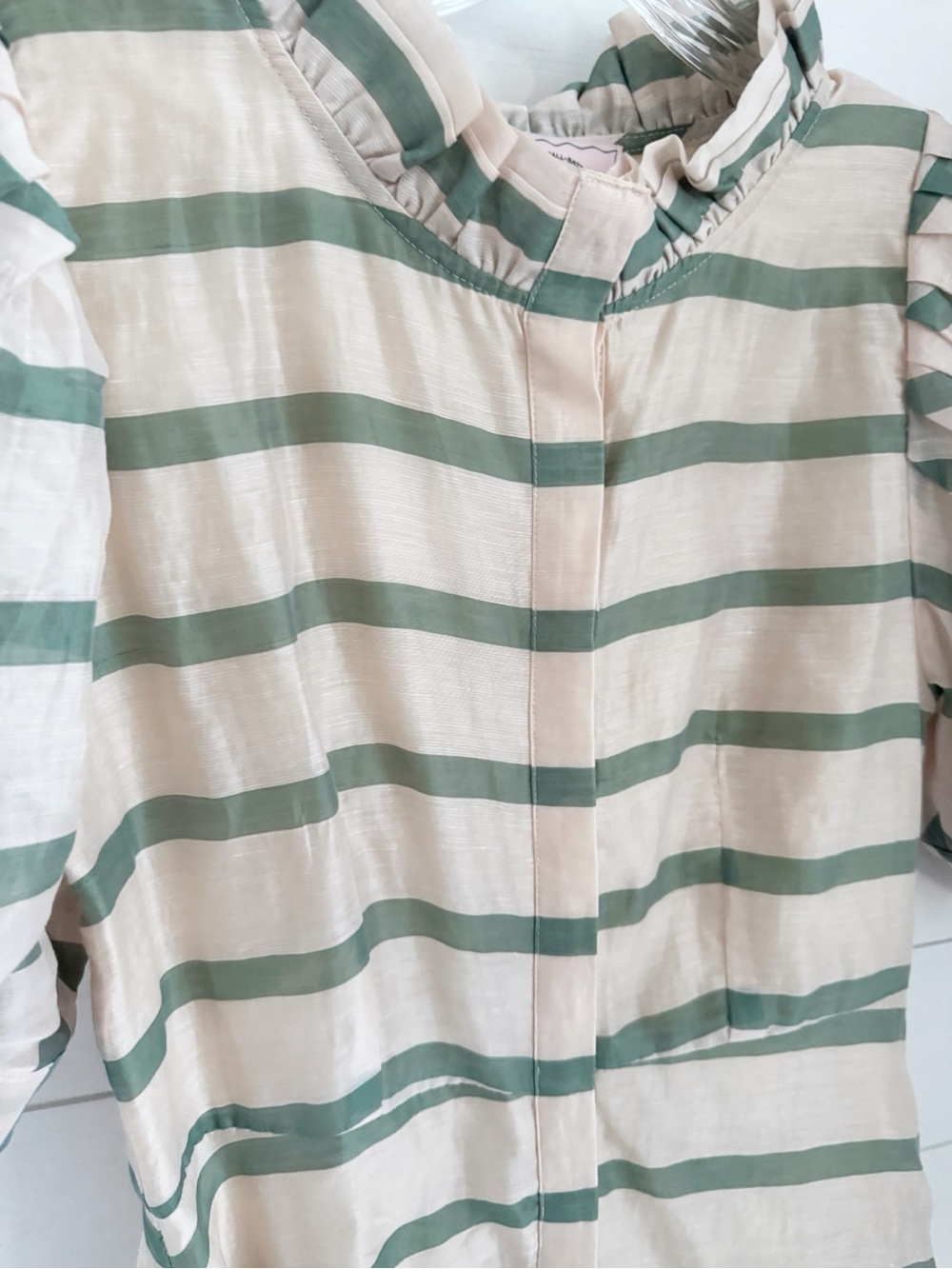 Ruffled Collar Midi Dress in Blush and Olive Stripes - BURU boutique brand - Picture 2 of 9